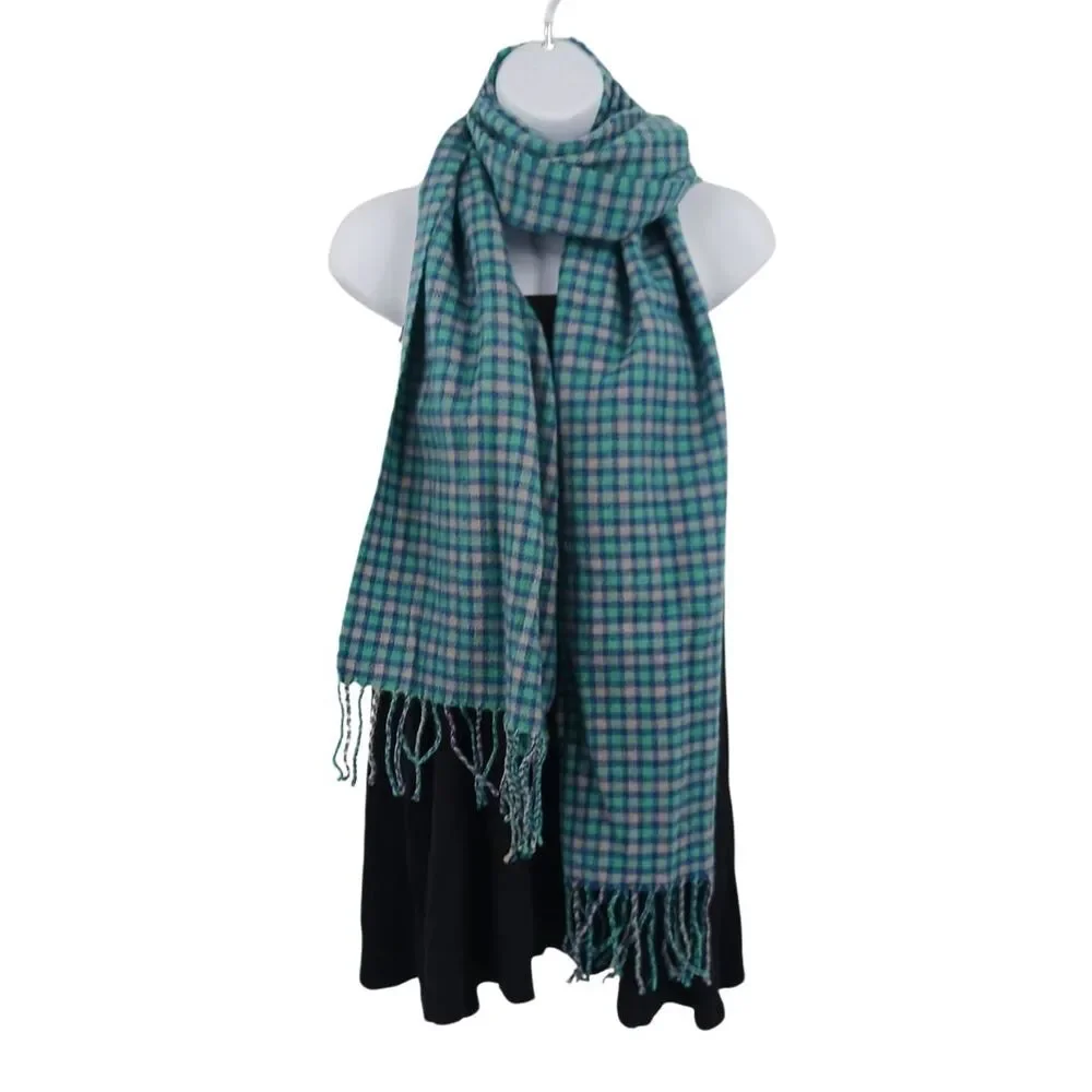 J.Crew Blue Plaid Wool Blend Fringe Scarf